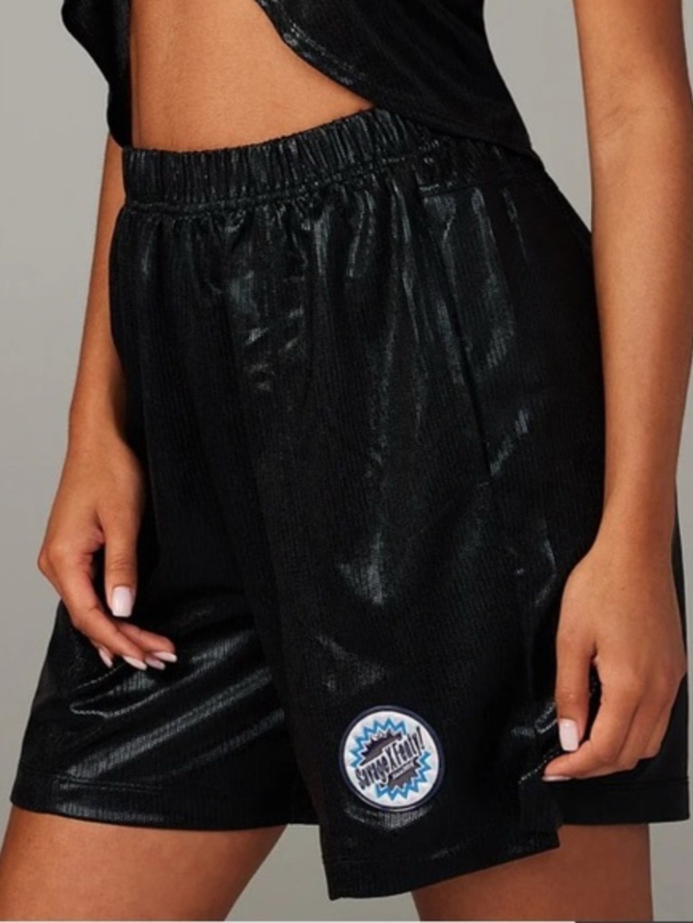 Savage X Fenty Metallic Black High-Shine Bermuda Shorts Gartered with Pockets